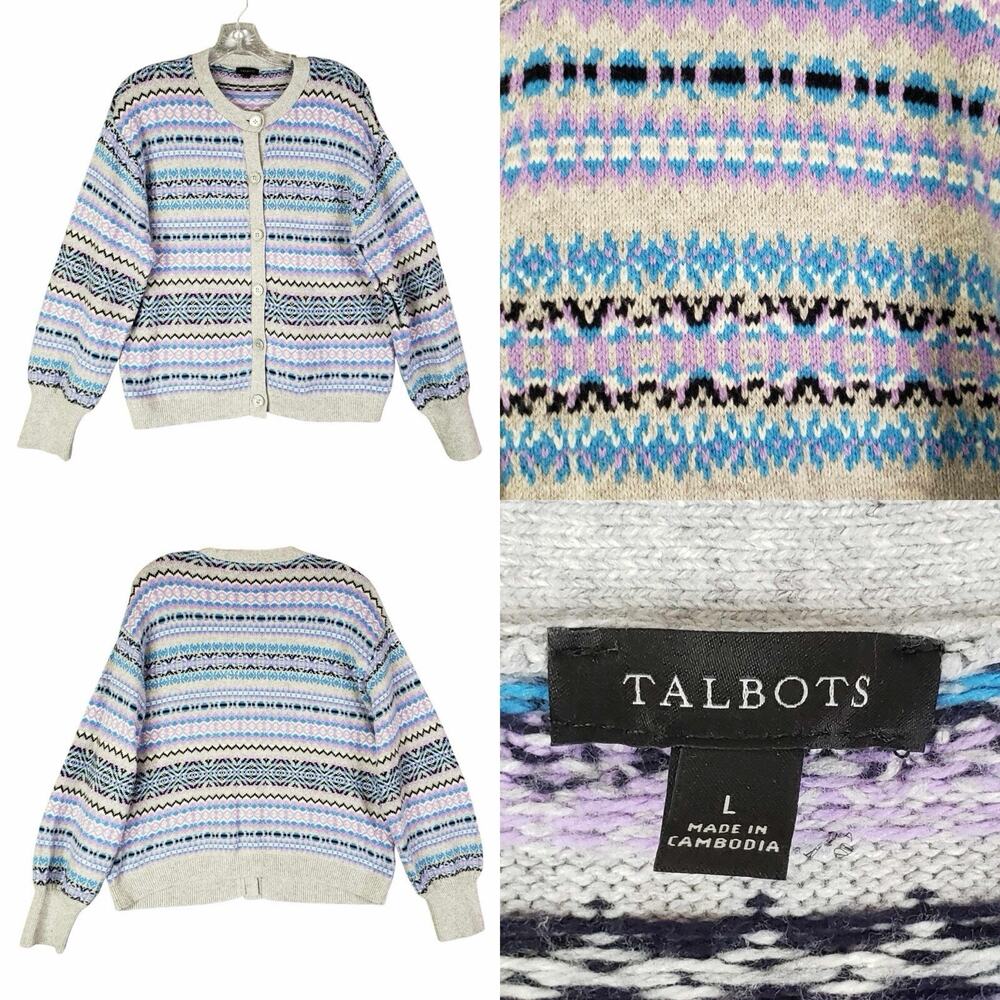 Talbots Cardigan Sweater Womens Size Large L LS Gray Geometric Striped Nordic